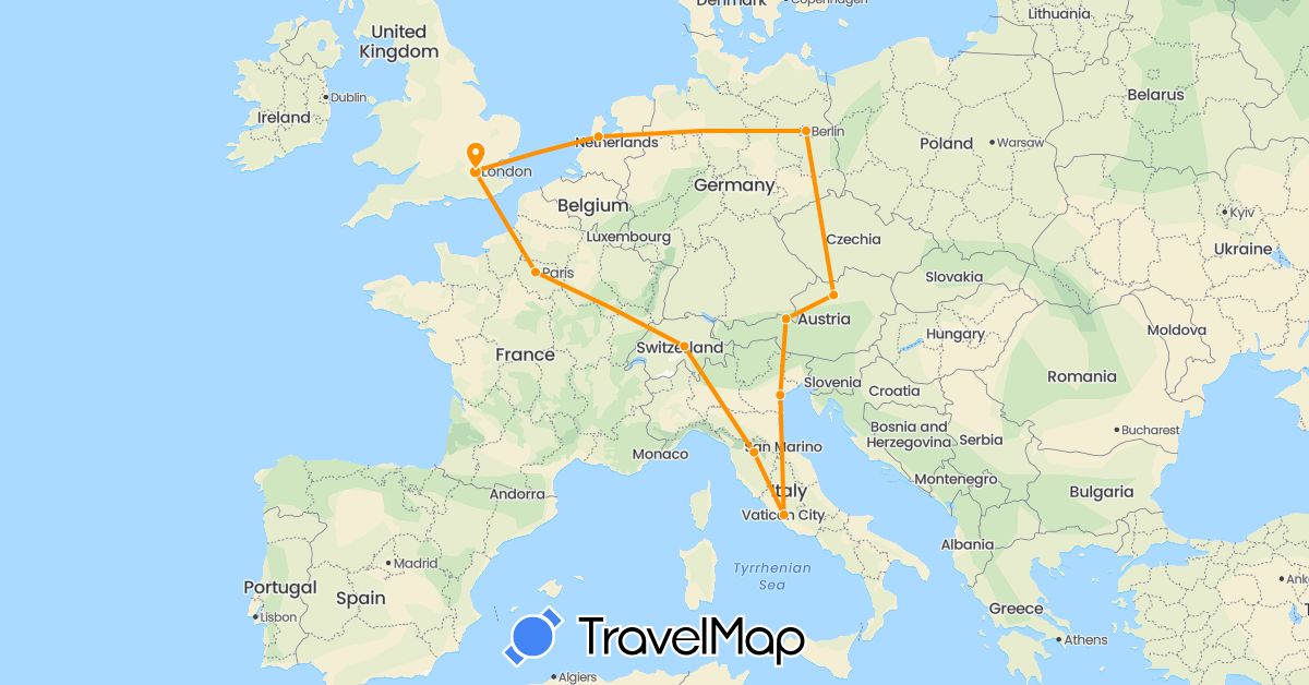 TravelMap itinerary: driving, hitchhiking in Austria, Switzerland, Germany, France, United Kingdom, Italy, Netherlands (Europe)